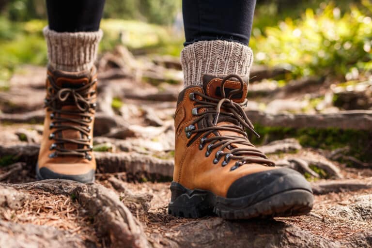 Close Up of hiking boots walking